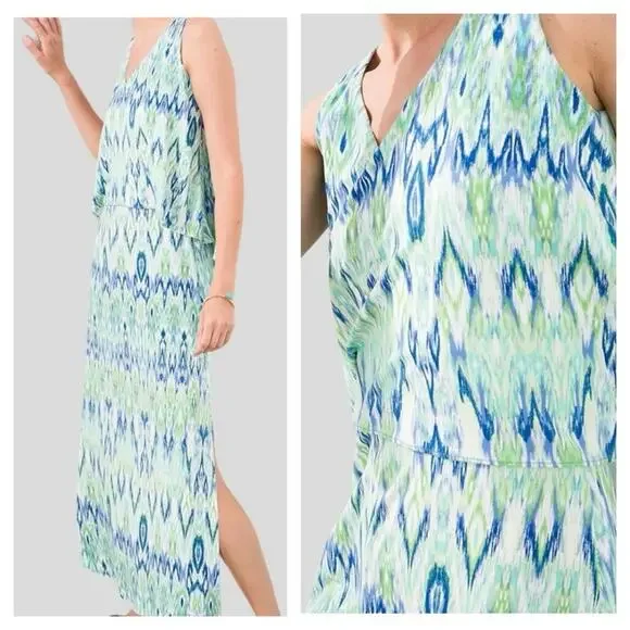 NWT Chico's Maxi Dress Size 3 US XL 16/18 Ikat Popover Regatta Blue Green Travel - Picture 1 of 15